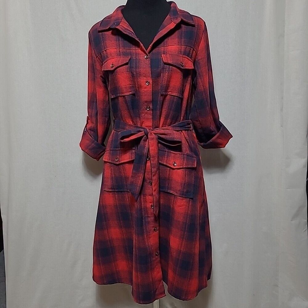 DNA Flannel Dress Large Red Black Tartan Plaid Roll Tab Sleeves Knee Length